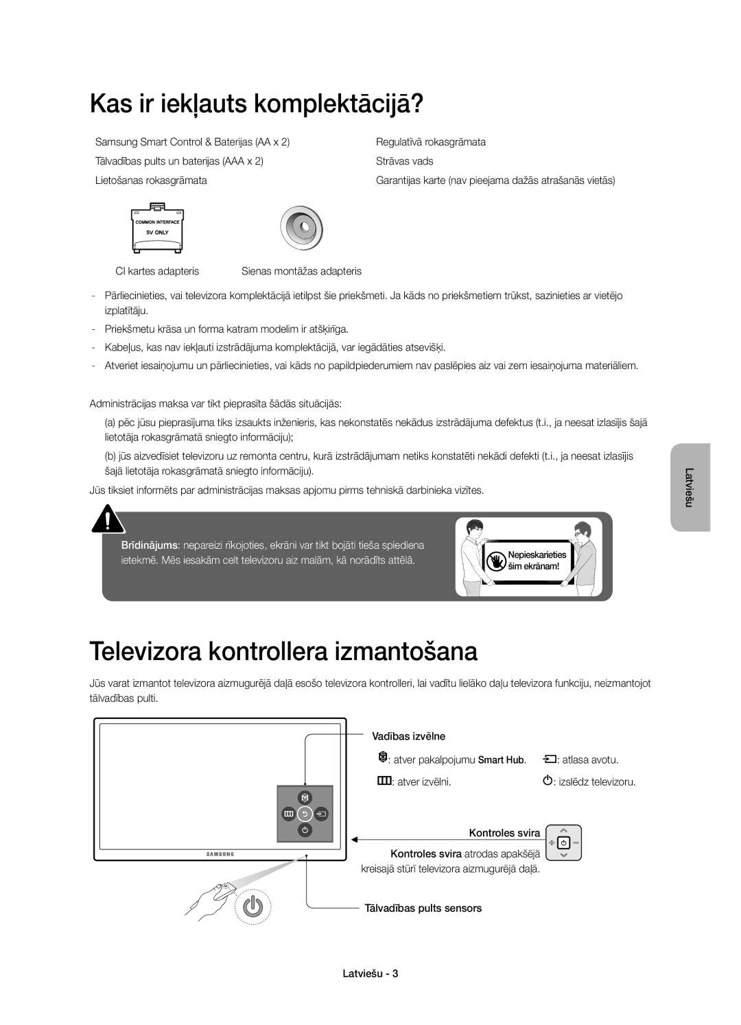 Samsung UE55JU6500WXXN manual Kas ir iekļauts komplektācijā?, Televizora kontrollera izmantošana, CI kartes adapteris 