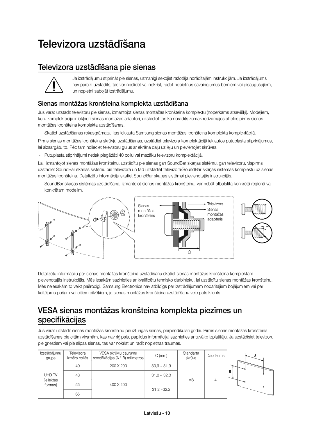 Samsung UE40JU6500WXXH manual Televizora uzstādīšana pie sienas, Sienas montāžas kronšteina komplekta uzstādīšana 