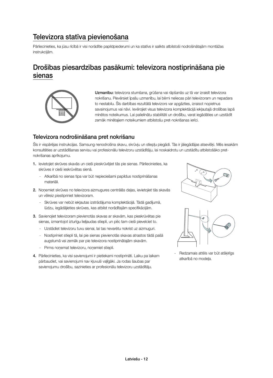 Samsung UE40JU6510SXXH manual Televizora statīva pievienošana, Televizora nodrošināšana pret nokrišanu, Atkarībā no modeļa 