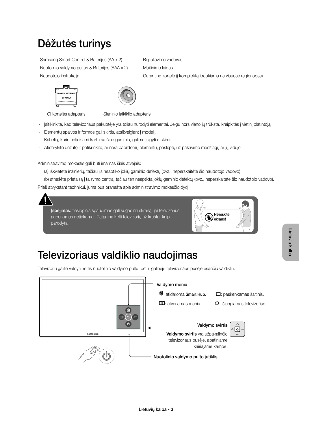 Samsung UE48JU6512UXXH manual Dėžutės turinys, Televizoriaus valdiklio naudojimas, Atveriamas meniu, Valdymo svirtis 