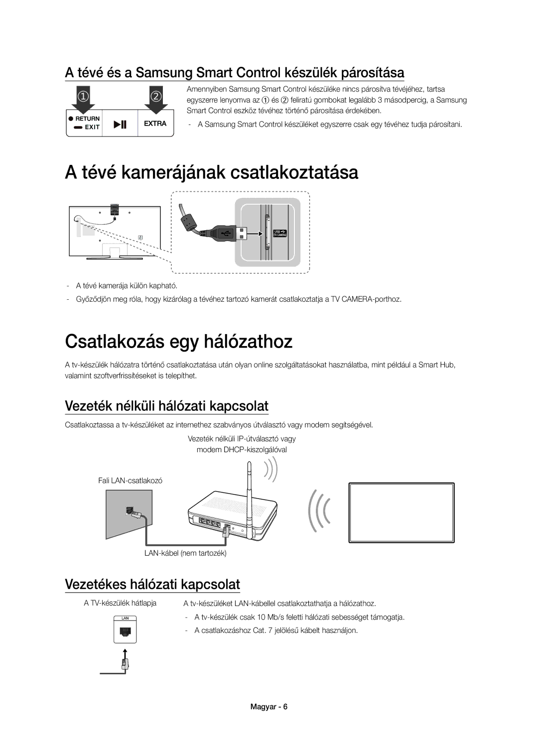 Samsung UE40JU6510SXXN Tévé kamerájának csatlakoztatása, Csatlakozás egy hálózathoz, Vezeték nélküli hálózati kapcsolat 