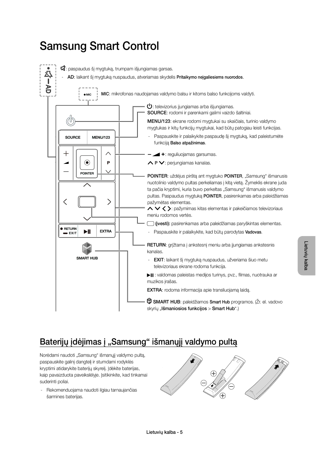 Samsung UE65JU6572UXXH, UE48JU6510SXXH manual Samsung Smart Control, Baterijų įdėjimas į „Samsung išmanųjį valdymo pultą 