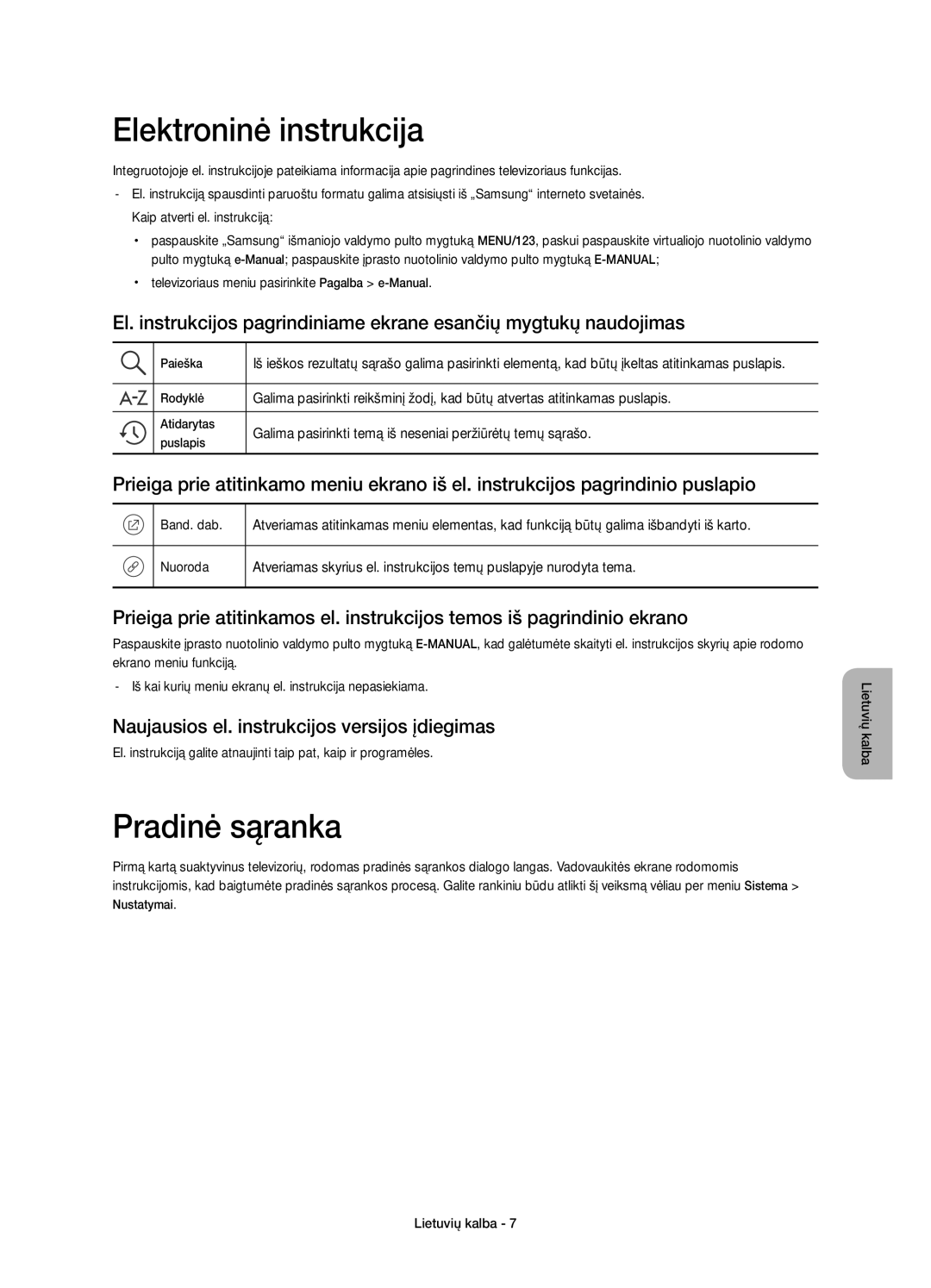 Samsung UE40JU6500WXXN manual Elektroninė instrukcija, Pradinė sąranka, Naujausios el. instrukcijos versijos įdiegimas 