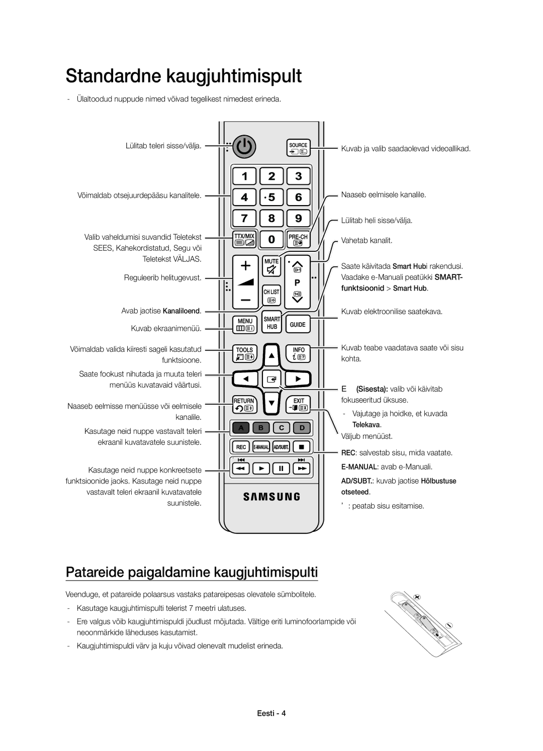 Samsung UE55JU6510SXXH, UE48JU6510SXXH manual Standardne kaugjuhtimispult, Patareide paigaldamine kaugjuhtimispulti 