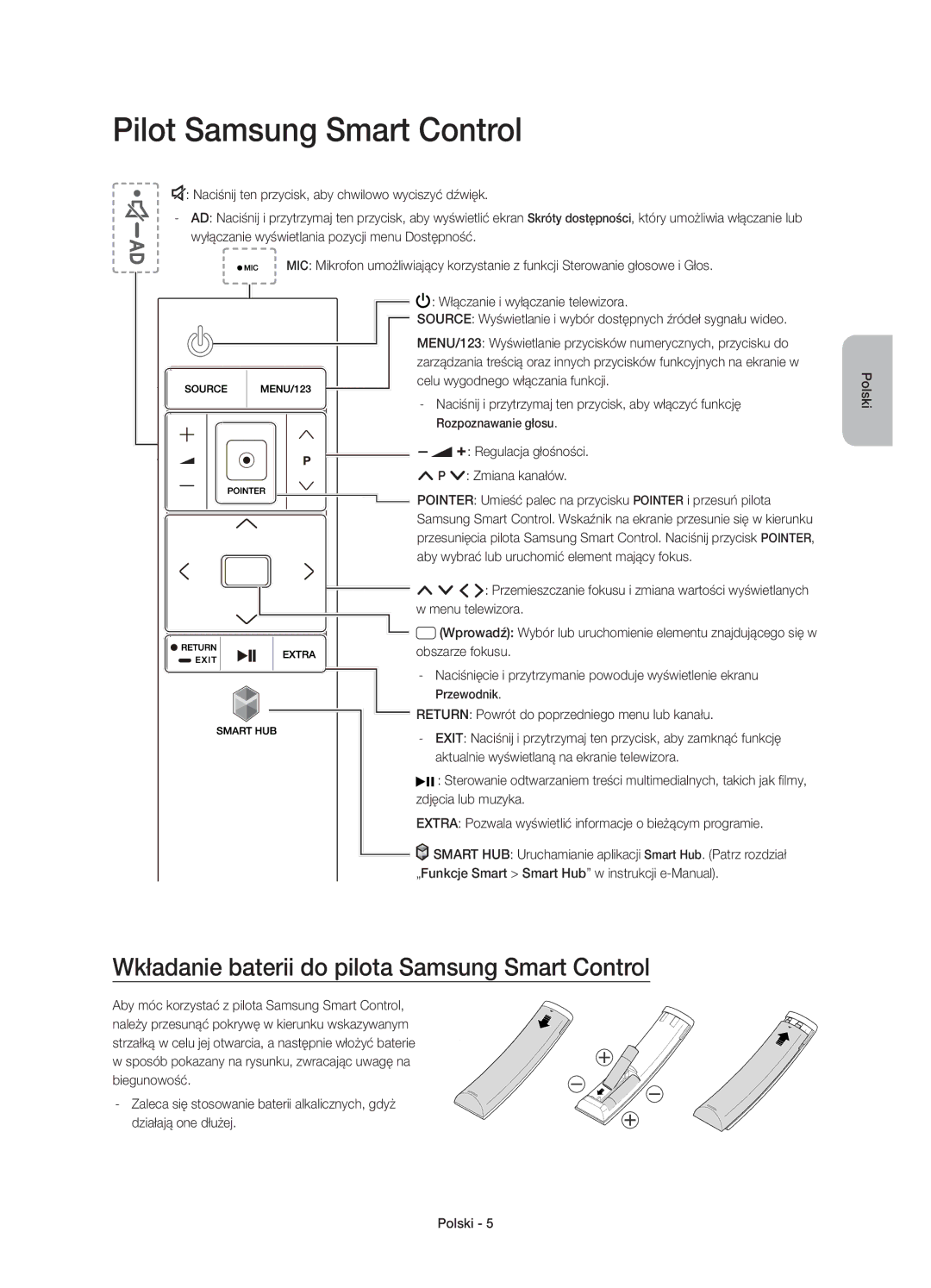 Samsung UE65JU6572UXXH, UE48JU6510SXXH manual Pilot Samsung Smart Control, Wkładanie baterii do pilota Samsung Smart Control 