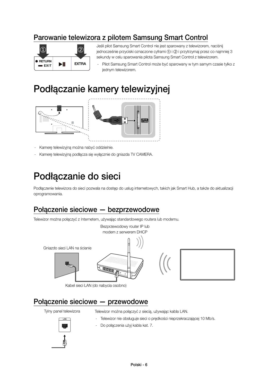 Samsung UE55JU6500WXXH manual Podłączanie kamery telewizyjnej, Podłączanie do sieci, Połączenie sieciowe bezprzewodowe 