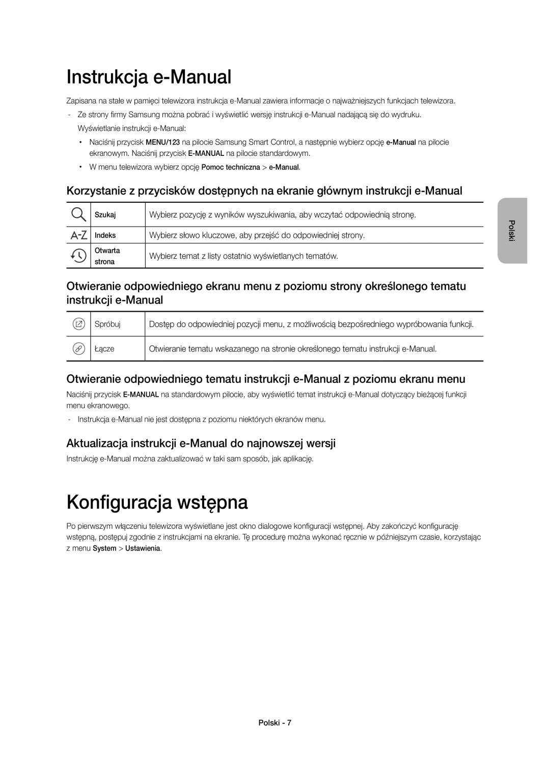 Samsung UE40JU6500WXXN Instrukcja e-Manual, Konfiguracja wstępna, Aktualizacja instrukcji e-Manual do najnowszej wersji 