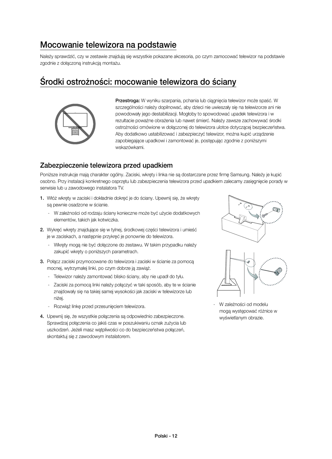 Samsung UE65JU6500WXXN manual Mocowanie telewizora na podstawie, Środki ostrożności mocowanie telewizora do ściany 