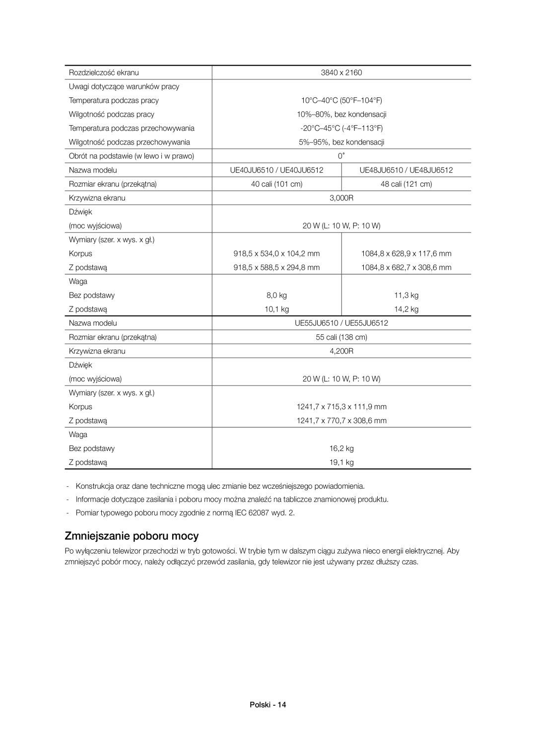 Samsung UE48JU6510SXXH Zmniejszanie poboru mocy, Temperatura podczas przechowywania, Wilgotność podczas przechowywania 