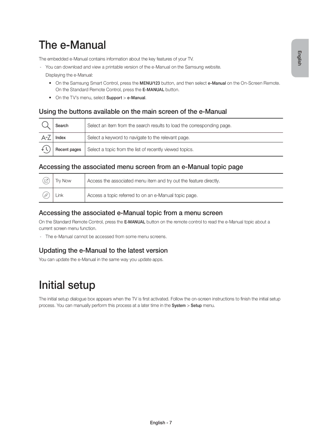 Samsung UE55JU6572UXXH manual E-Manual, Initial setup, Accessing the associated menu screen from an e-Manual topic 