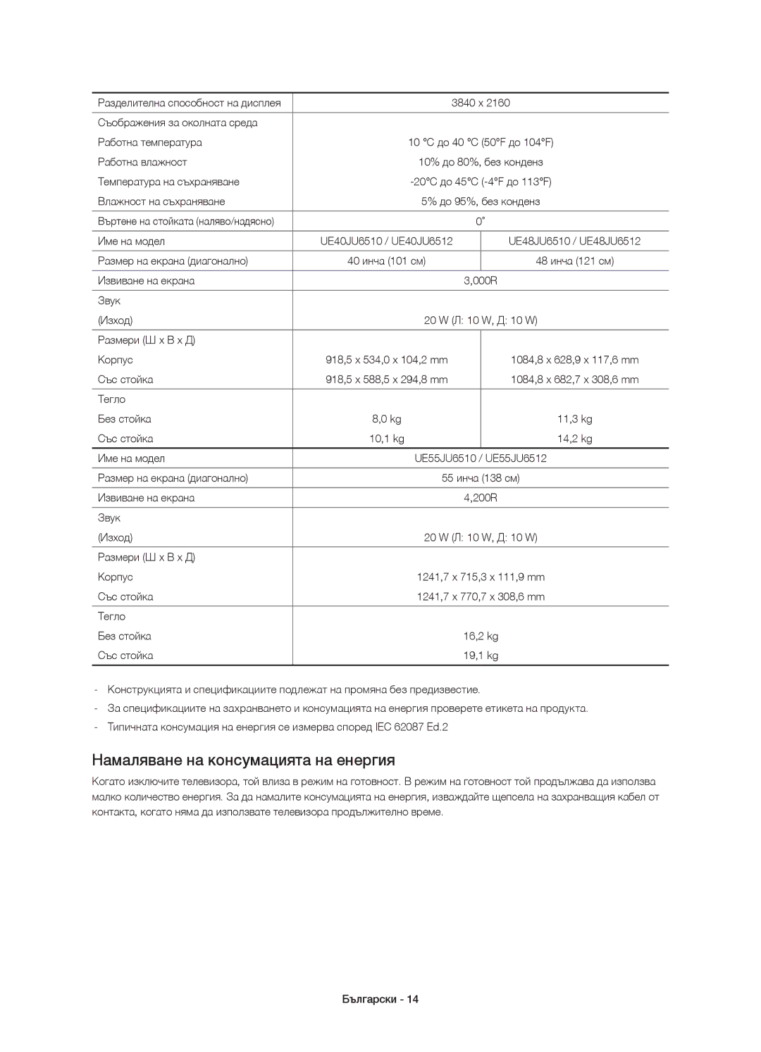 Samsung UE55JU6572UXXH manual Намаляване на консумацията на енергия, Съображения за околната среда Работна температура 