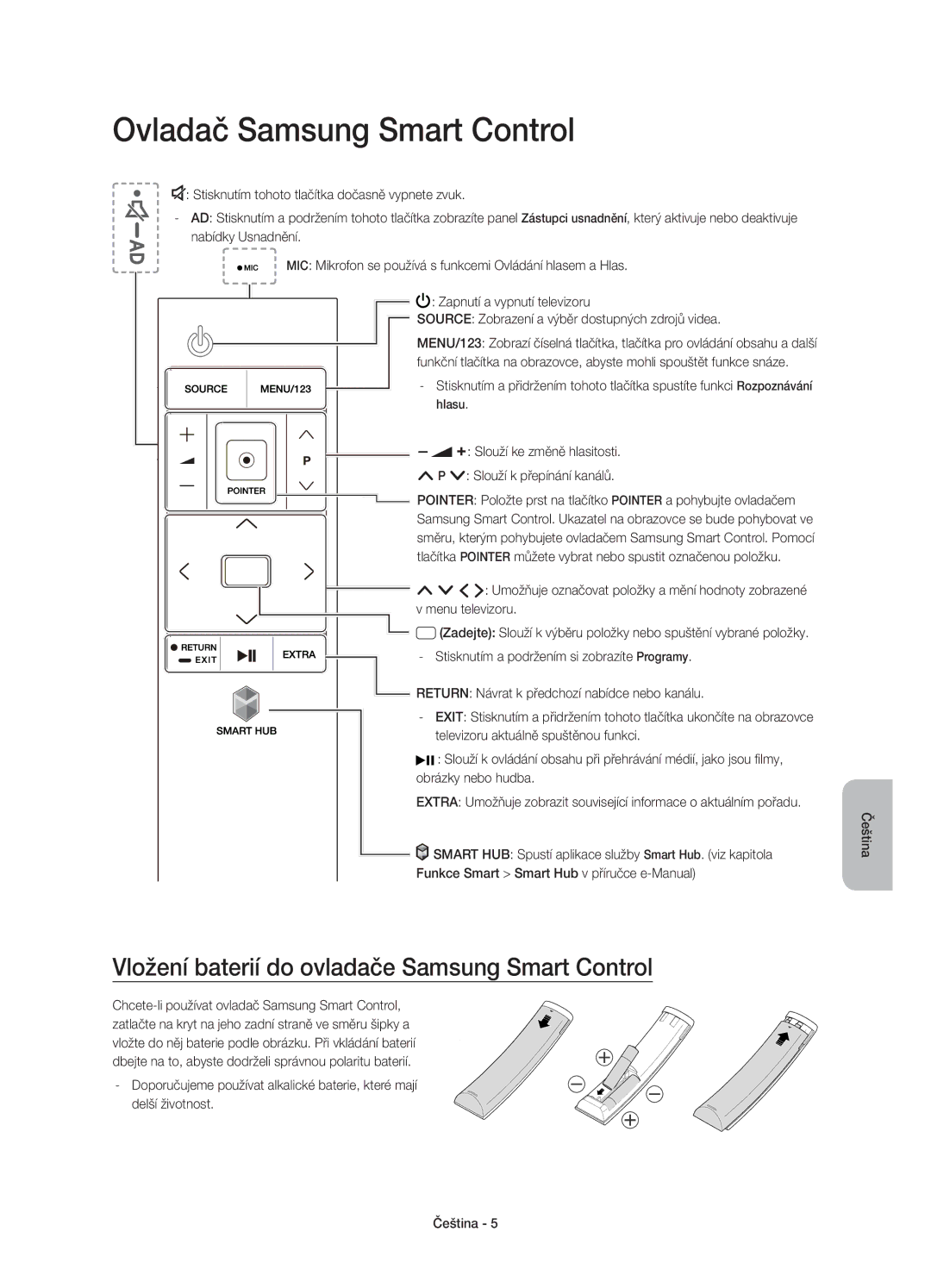 Samsung UE40JU6510SXXH, UE48JU6510SXXH Ovladač Samsung Smart Control, Vložení baterií do ovladače Samsung Smart Control 