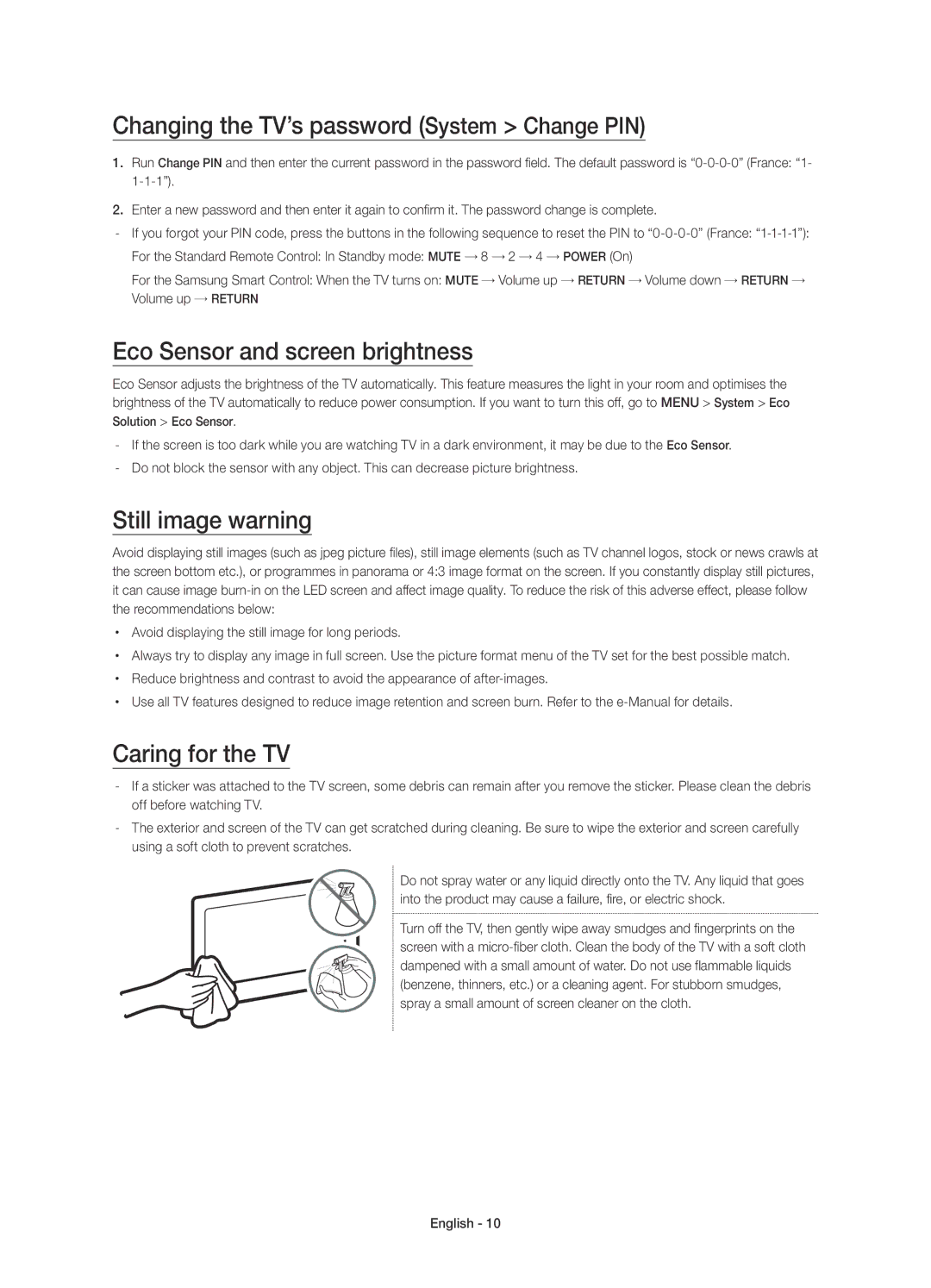 Samsung UE40JU6510SXXH Changing the TV’s password System Change PIN, Eco Sensor and screen brightness, Still image warning 