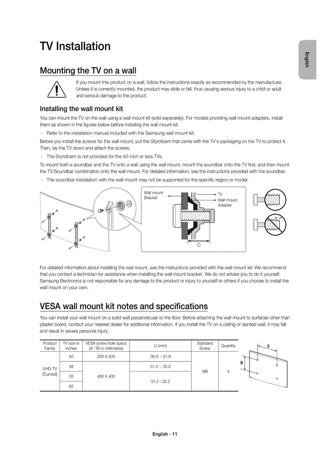 Samsung UE55JU6570UXZF manual TV Installation, Mounting the TV on a wall, Vesa wall mount kit notes and specifications 