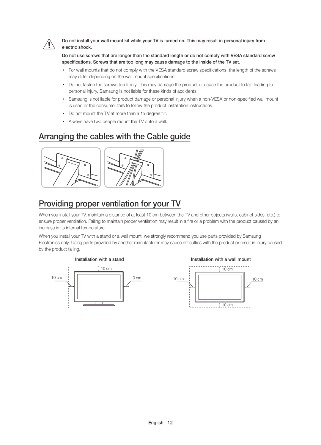 Samsung UE55JU6500KXZF, UE48JU6510SXXH, UE65JU6500WXXH, UE48JU6500WXXH, UE48JU6570UXTK manual Installation with a wall mount 