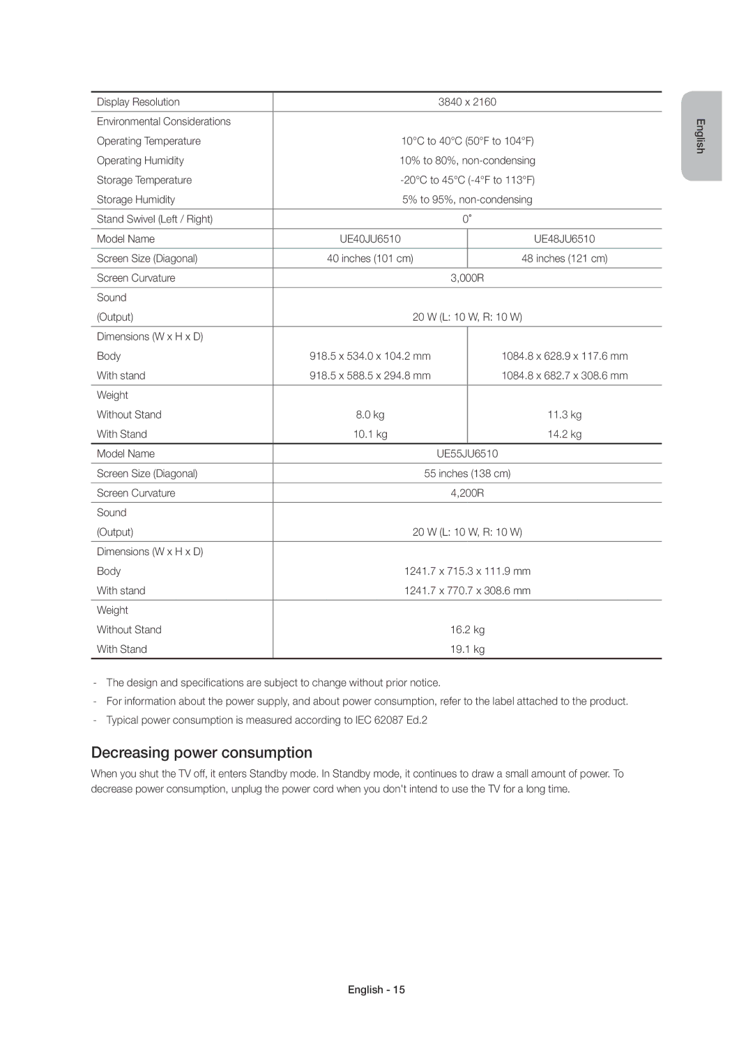 Samsung UE40JU6500KXZF, UE48JU6510SXXH, UE65JU6500WXXH, UE48JU6500WXXH, UE48JU6570UXTK manual Decreasing power consumption 