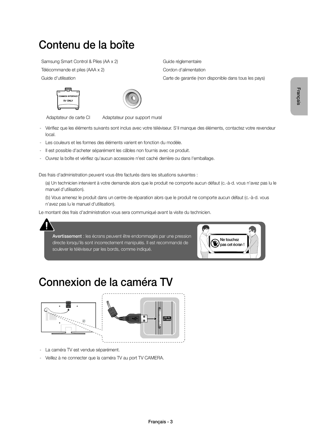 Samsung UE40JU6500KXZT, UE48JU6510SXXH, UE65JU6500WXXH, UE48JU6500WXXH manual Contenu de la boîte, Connexion de la caméra TV 