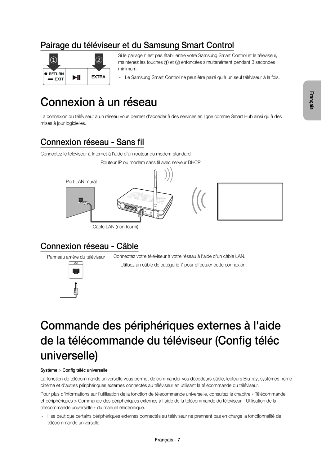 Samsung UE48JU6500KXXC Connexion à un réseau, Pairage du téléviseur et du Samsung Smart Control, Connexion réseau Sans fil 