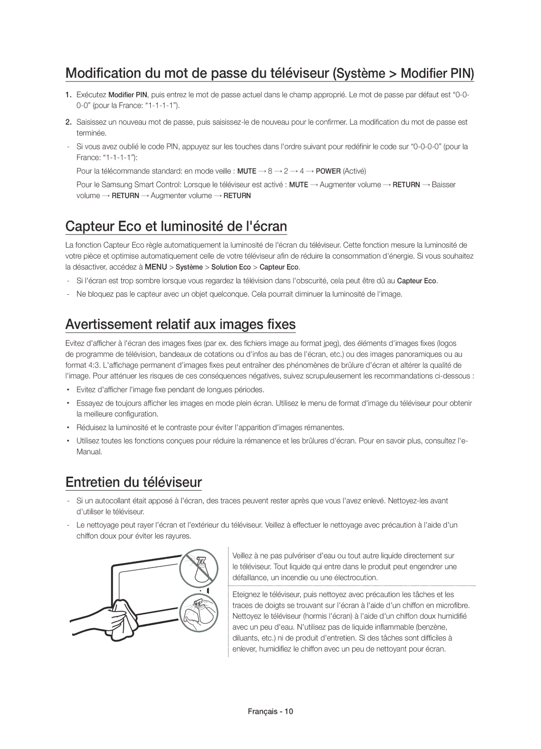 Samsung UE40JU6500WXXN, UE48JU6510SXXH manual Capteur Eco et luminosité de lécran, Avertissement relatif aux images fixes 