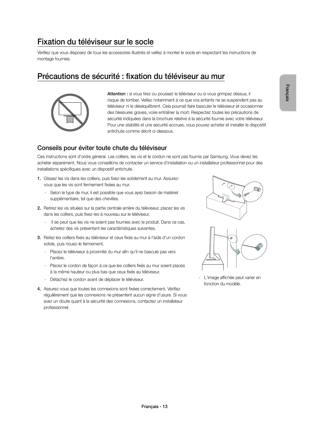 Samsung UE40JU6500KXXU manual Fixation du téléviseur sur le socle, Précautions de sécurité fixation du téléviseur au mur 