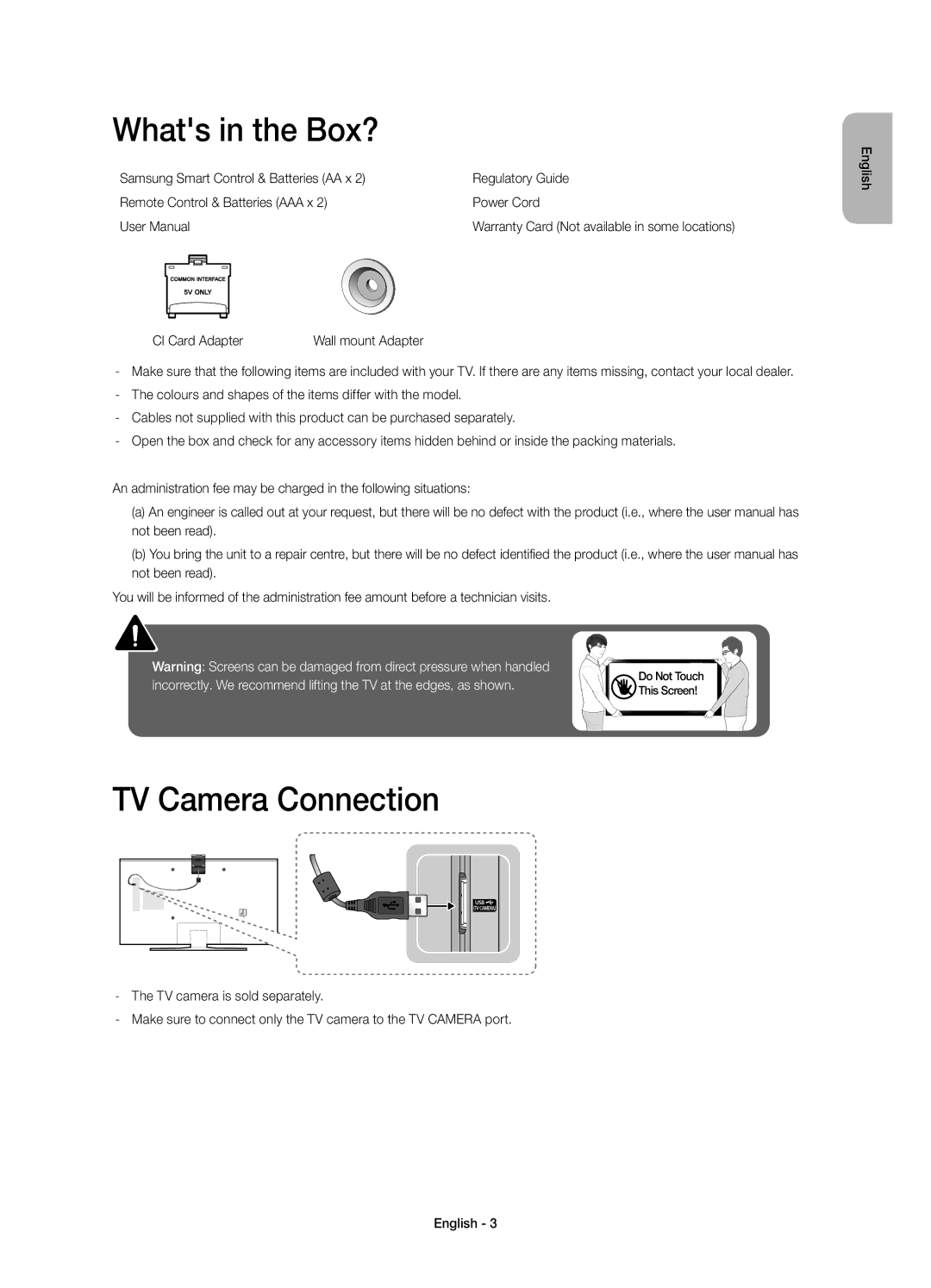 Samsung UE48JU6570UXTK, UE48JU6510SXXH, UE65JU6500WXXH, UE48JU6500WXXH manual Whats in the Box?, TV Camera Connection 