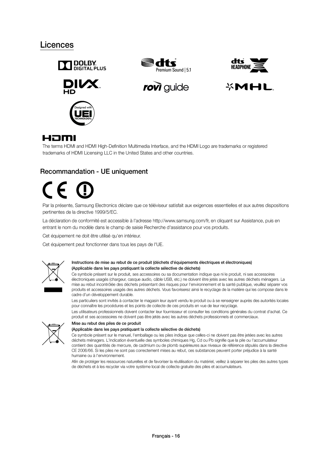 Samsung UE55JU6510SXXN, UE48JU6510SXXH, UE65JU6500WXXH, UE48JU6500WXXH, UE48JU6570UXTK Licences, Recommandation UE uniquement 