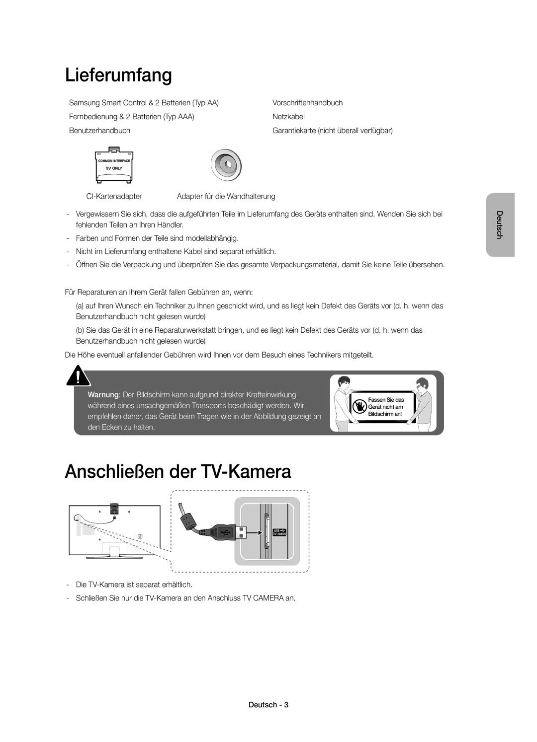 Samsung UE48JU6510SXXH, UE65JU6500WXXH, UE48JU6500WXXH, UE48JU6570UXTK manual Lieferumfang, Anschließen der TV-Kamera 