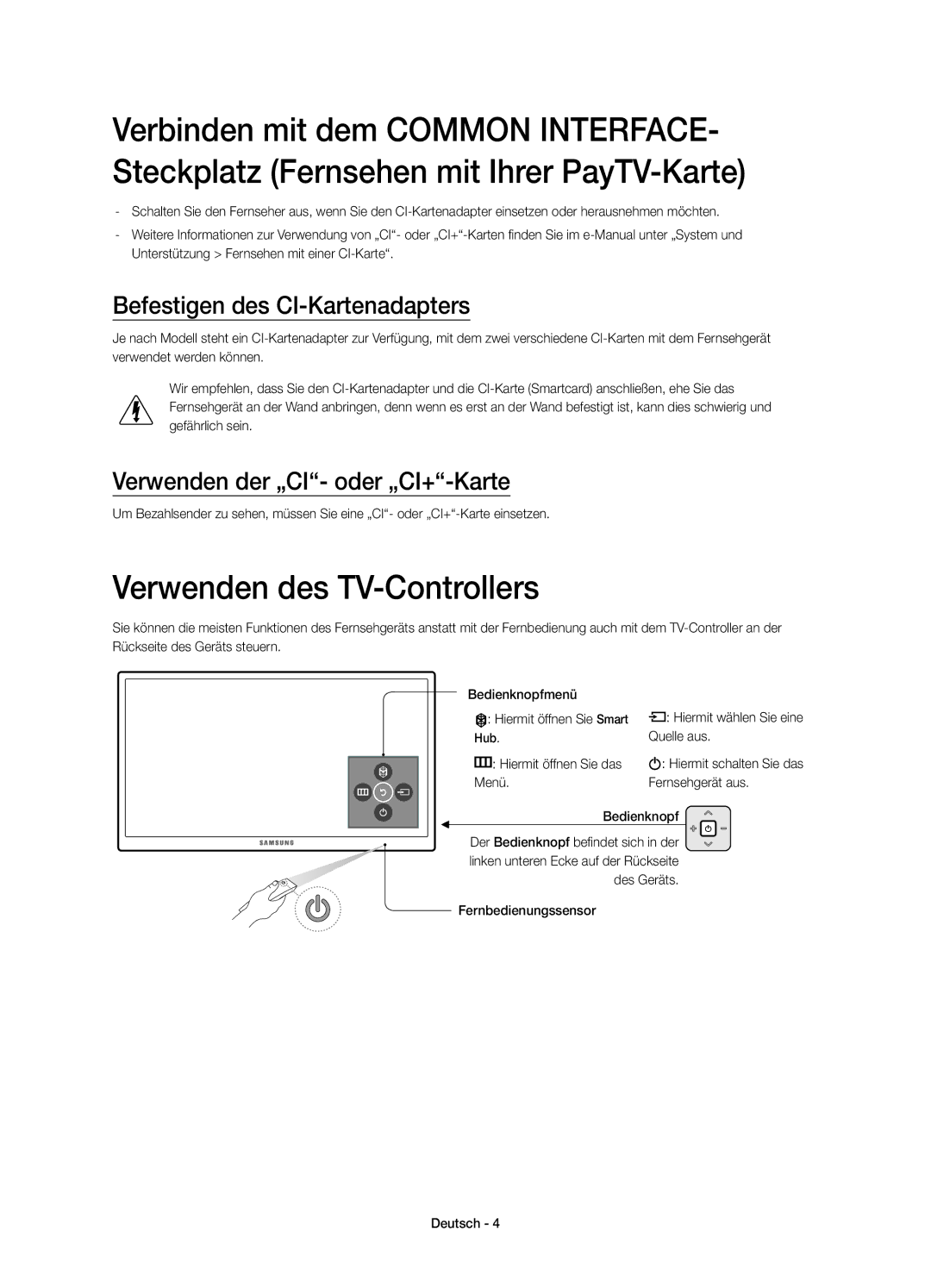 Samsung UE65JU6500WXXH Verwenden des TV-Controllers, Befestigen des CI-Kartenadapters, Verwenden der „CI- oder „CI+-Karte 