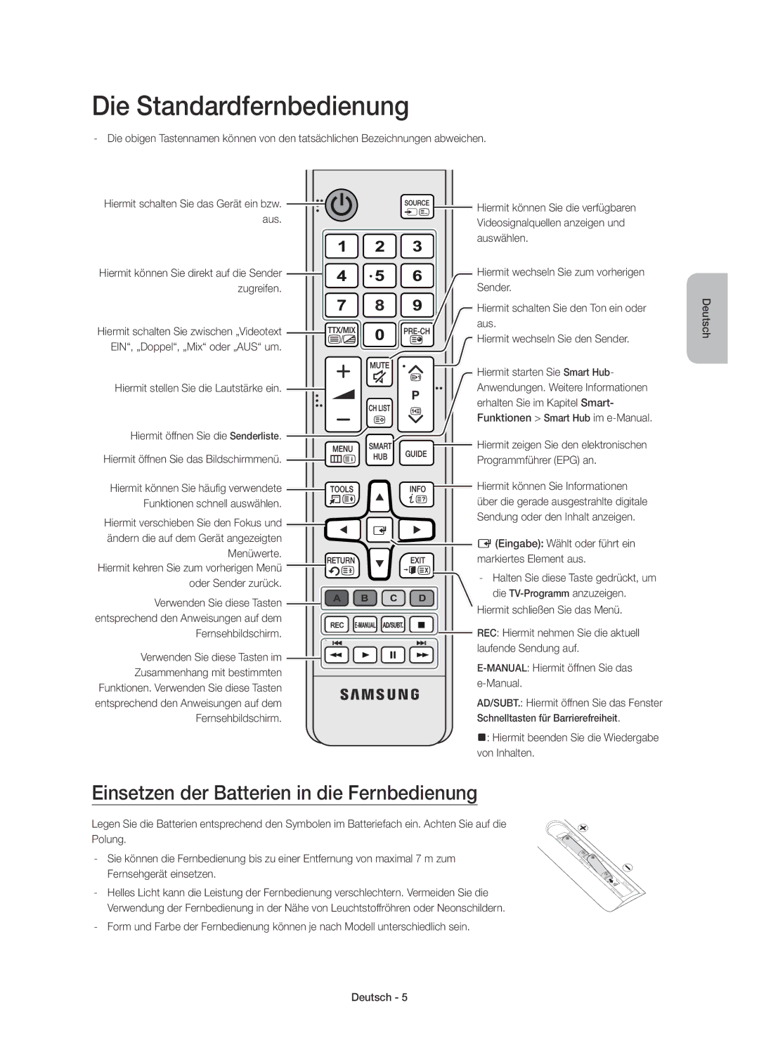 Samsung UE48JU6500WXXH, UE48JU6510SXXH manual Die Standardfernbedienung, Einsetzen der Batterien in die Fernbedienung 