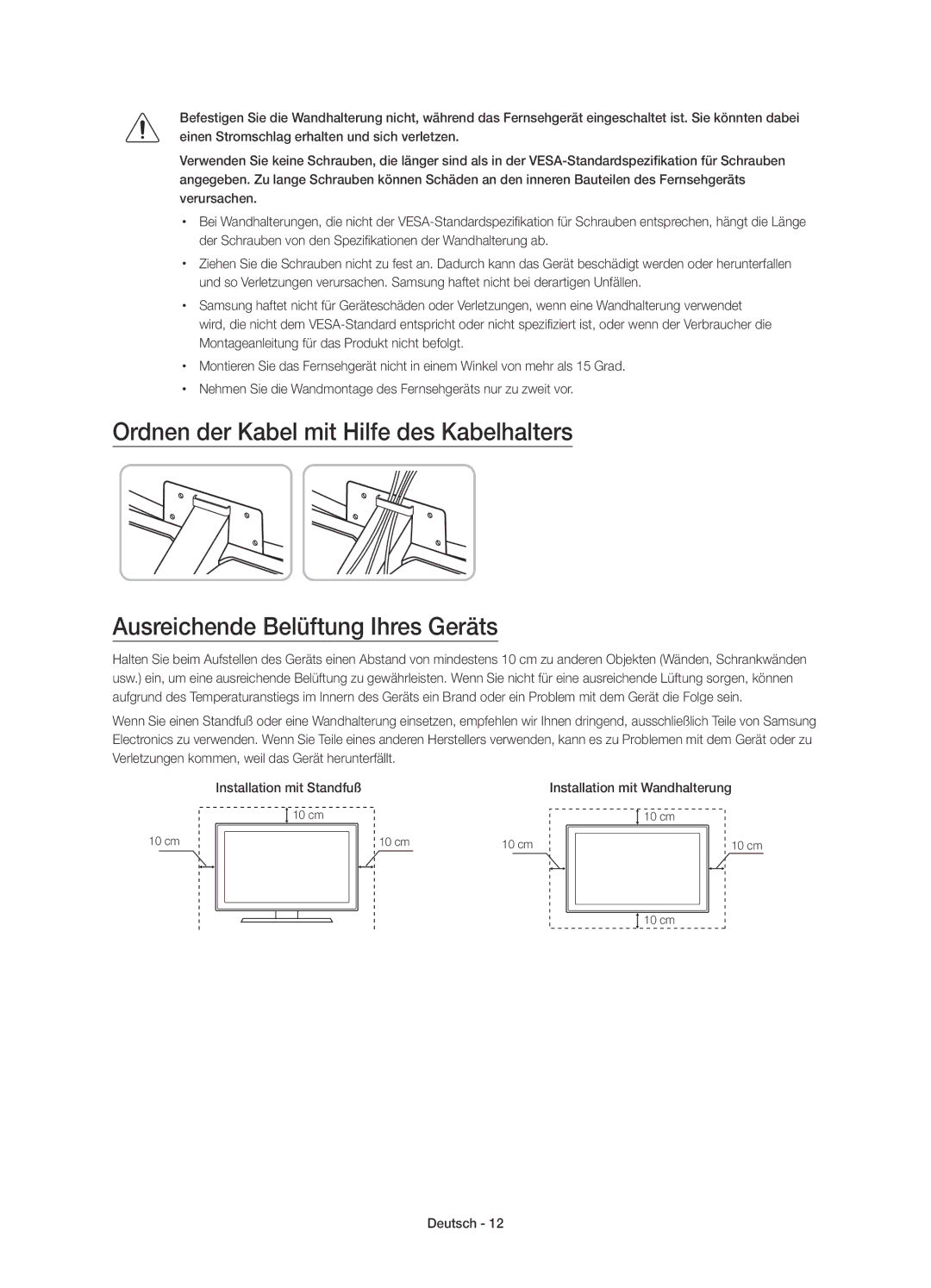 Samsung UE40JU6570UXTK, UE48JU6510SXXH, UE65JU6500WXXH, UE48JU6500WXXH, UE48JU6570UXTK manual Installation mit Wandhalterung 