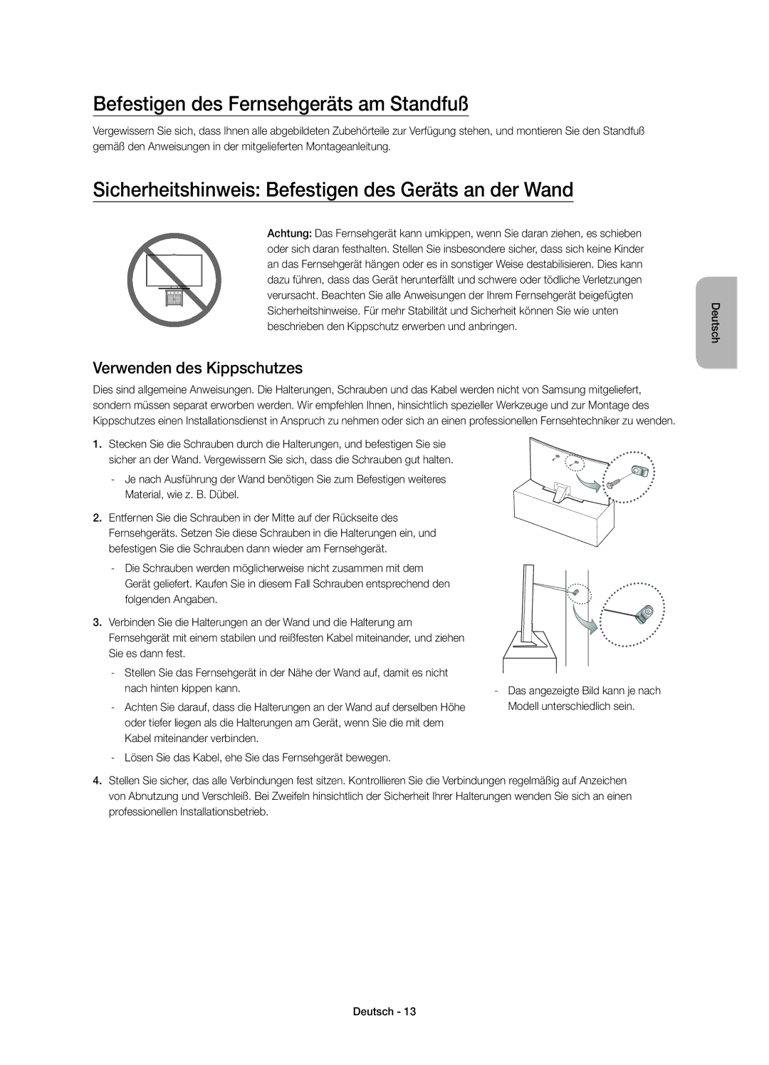 Samsung UE40JU6510SXXH Befestigen des Fernsehgeräts am Standfuß, Sicherheitshinweis Befestigen des Geräts an der Wand 