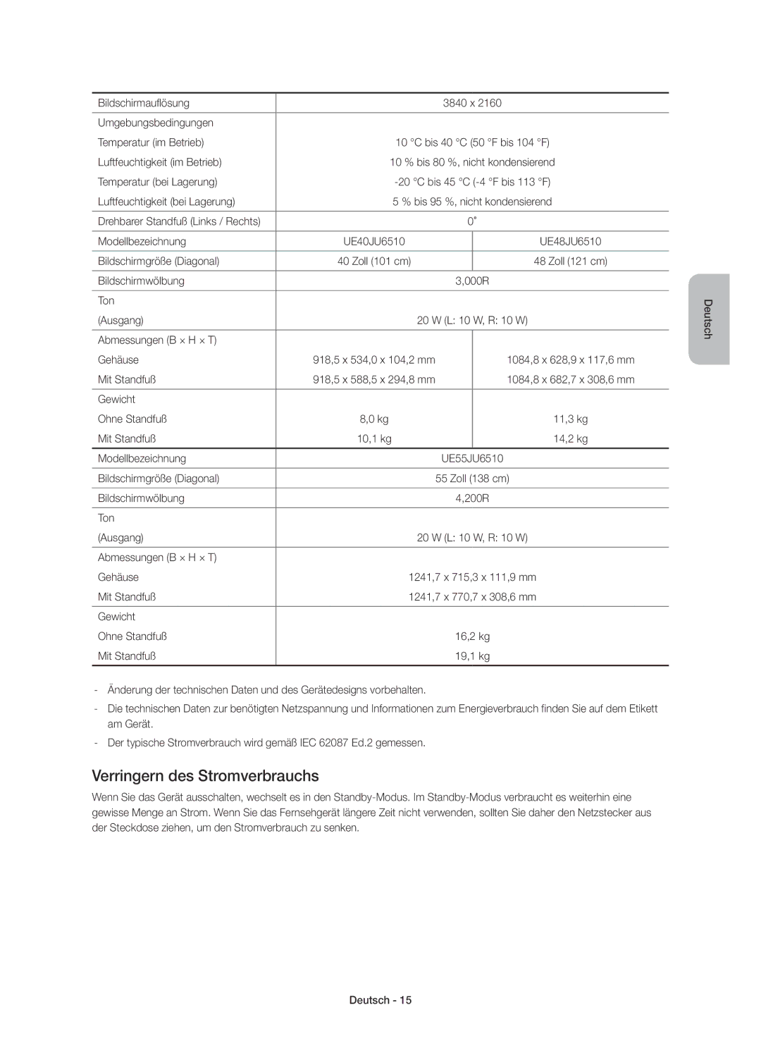 Samsung UE55JU6500KXZF, UE48JU6510SXXH, UE65JU6500WXXH, UE48JU6500WXXH, UE48JU6570UXTK manual Verringern des Stromverbrauchs 