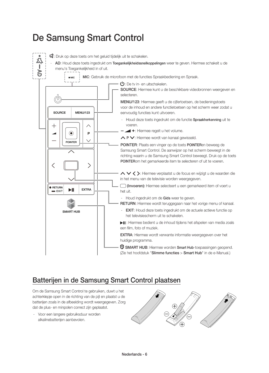 Samsung UE40JU6500KXZT, UE48JU6510SXXH manual De Samsung Smart Control, Batterijen in de Samsung Smart Control plaatsen 