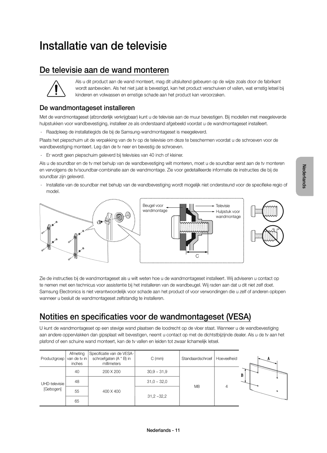 Samsung UE55JU6500WXXH Installatie van de televisie, De televisie aan de wand monteren, De wandmontageset installeren 