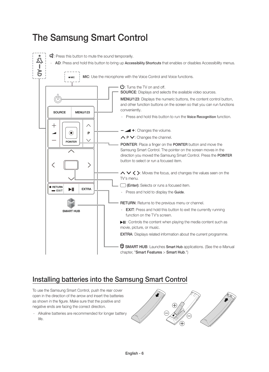 Samsung UE55JU6570UXTK, UE48JU6510SXXH, UE65JU6500WXXH manual Installing batteries into the Samsung Smart Control 