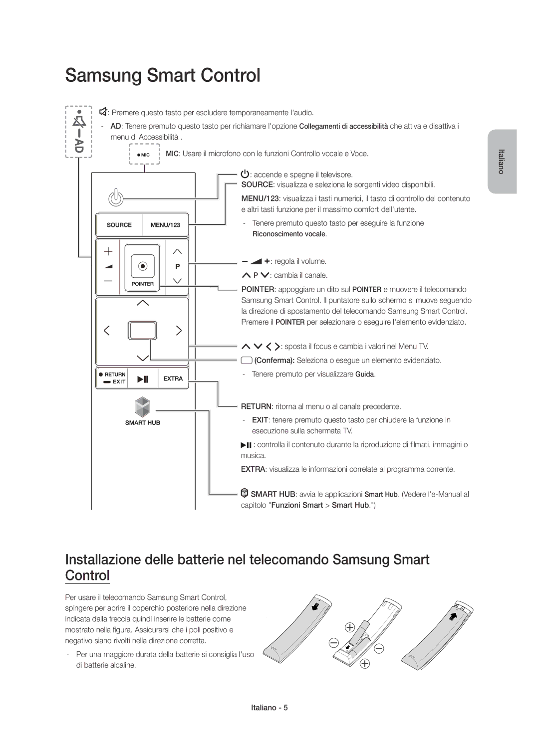 Samsung UE65JU6500KXXU, UE48JU6510UXZF Regola il volume Cambia il canale, ¡£ sposta il focus e cambia i valori nel Menu TV 