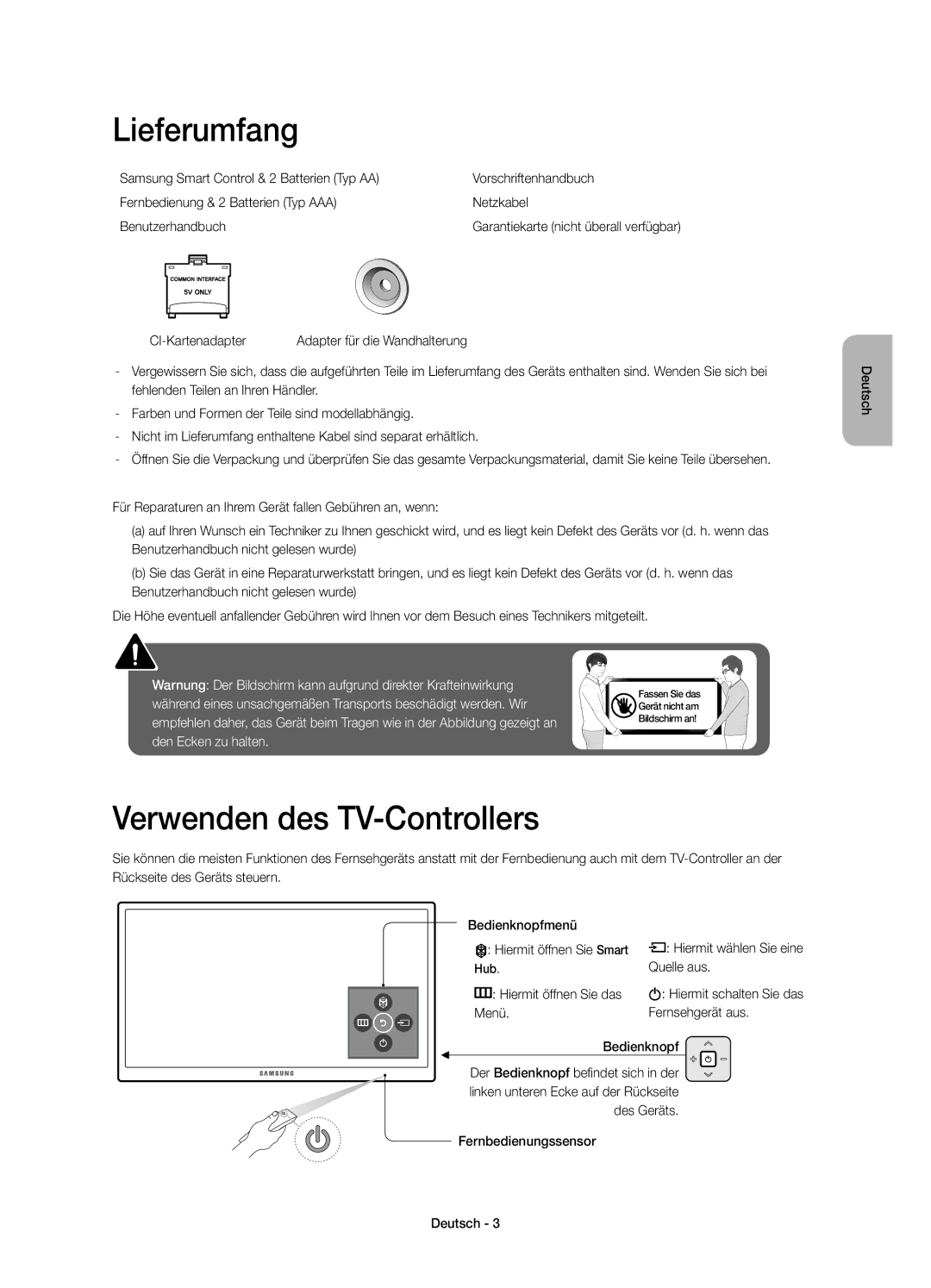 Samsung UE65JU6500KXZT, UE48JU6510UXZF manual Lieferumfang, Verwenden des TV-Controllers, CI-Kartenadapter, Quelle aus 