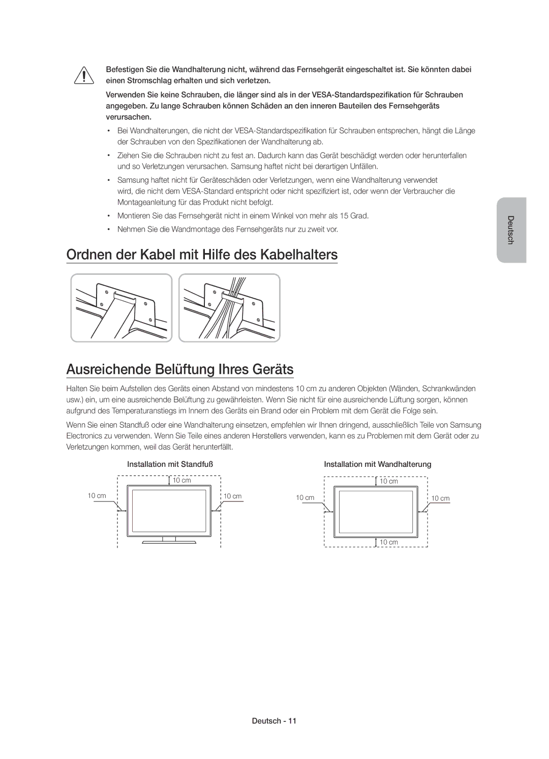 Samsung UE40JU6510UXXC, UE48JU6510UXZF, UE55JU6500KXZF manual Installation mit Standfuß, Installation mit Wandhalterung 