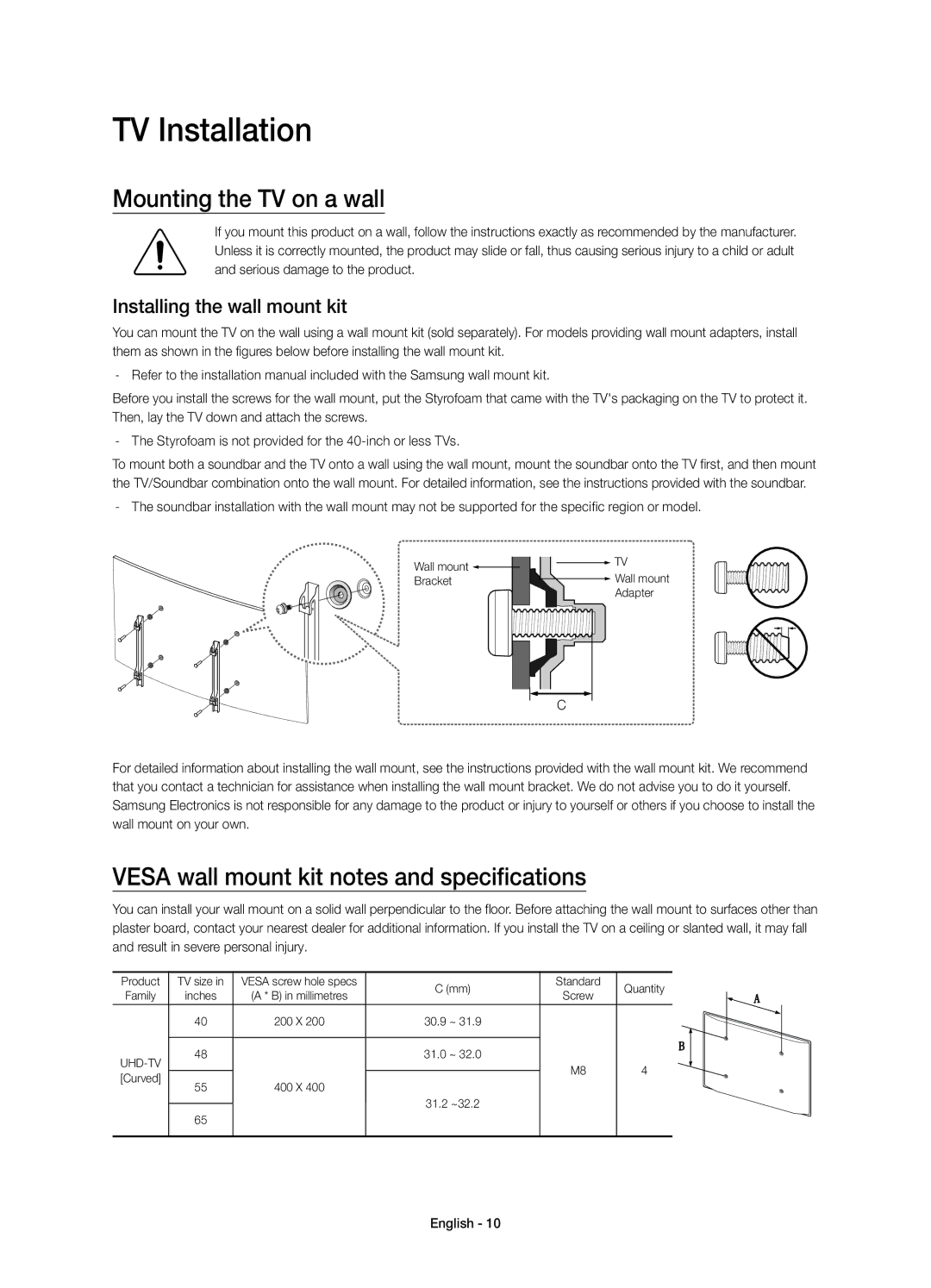 Samsung UE48JU6500KXZT manual TV Installation, Mounting the TV on a wall, Vesa wall mount kit notes and specifications 