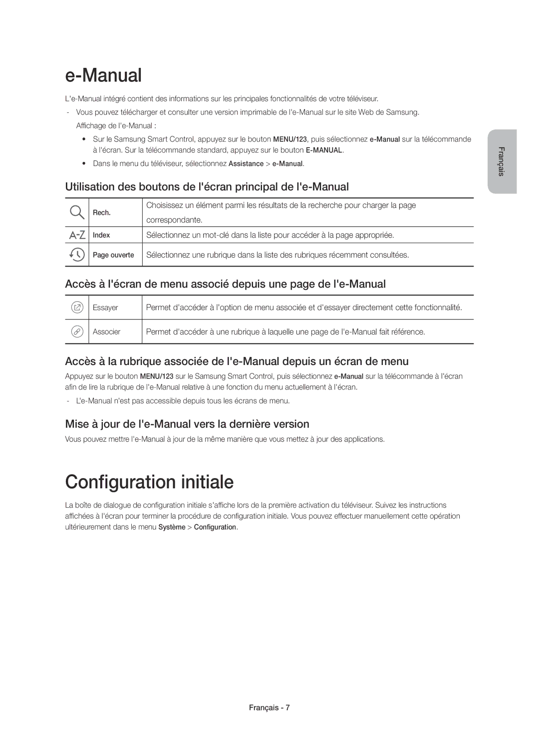 Samsung UE55JU6510UXXU manual Configuration initiale, Utilisation des boutons de lécran principal de le-Manual 