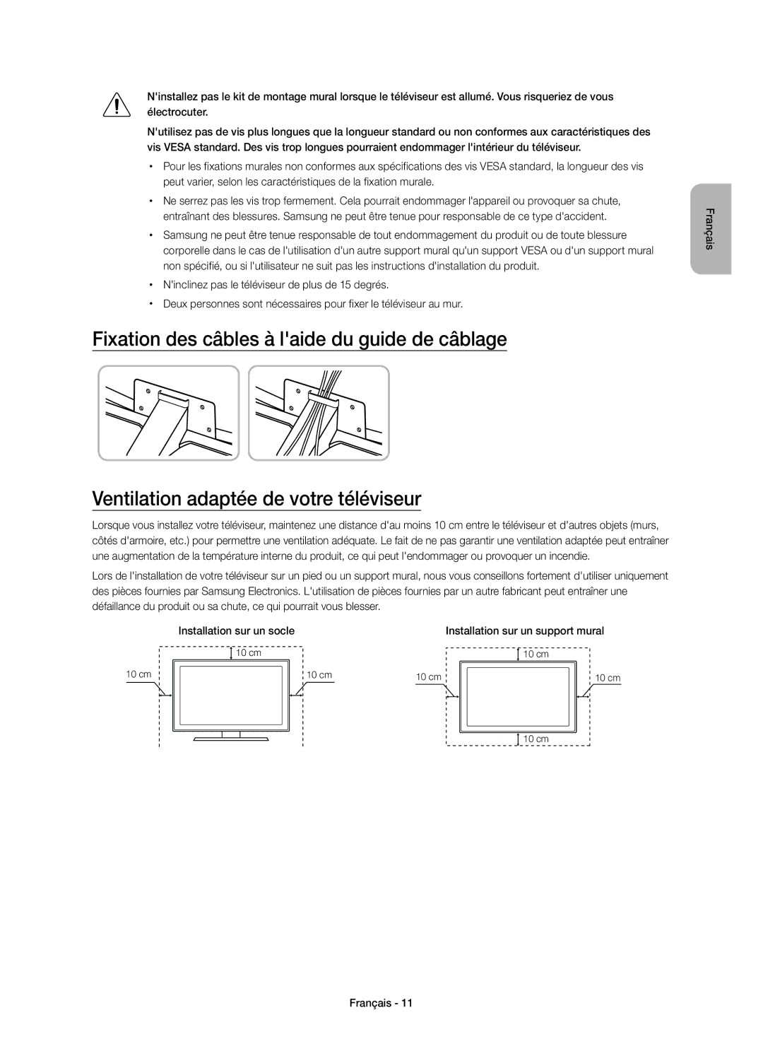 Samsung UE48JU6510UXXU, UE48JU6510UXZF, UE55JU6500KXZF, UE55JU6510UXZF manual Ninclinez pas le téléviseur de plus de 15 degrés 