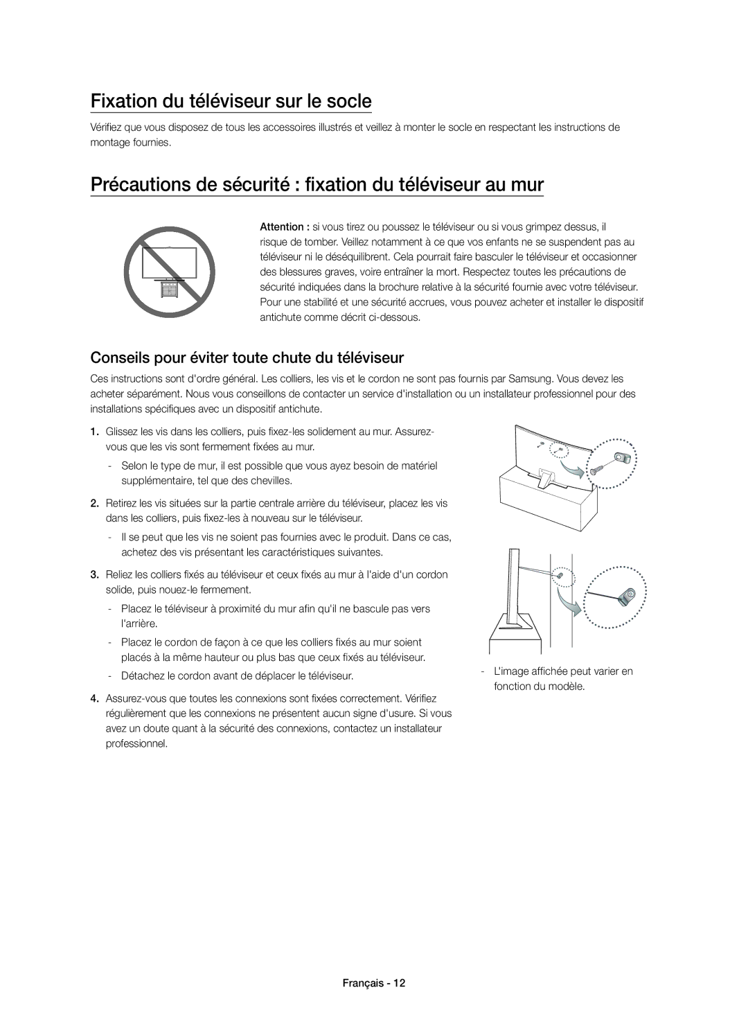 Samsung UE48JU6510UXZF manual Fixation du téléviseur sur le socle, Précautions de sécurité fixation du téléviseur au mur 