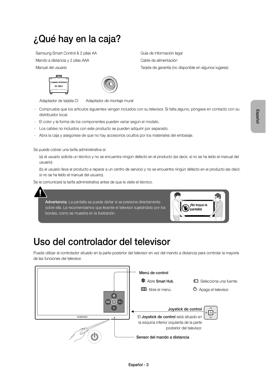 Samsung UE55JU6510UXZT, UE48JU6510UXZF ¿Qué hay en la caja?, Uso del controlador del televisor, Adaptador de tarjeta CI 