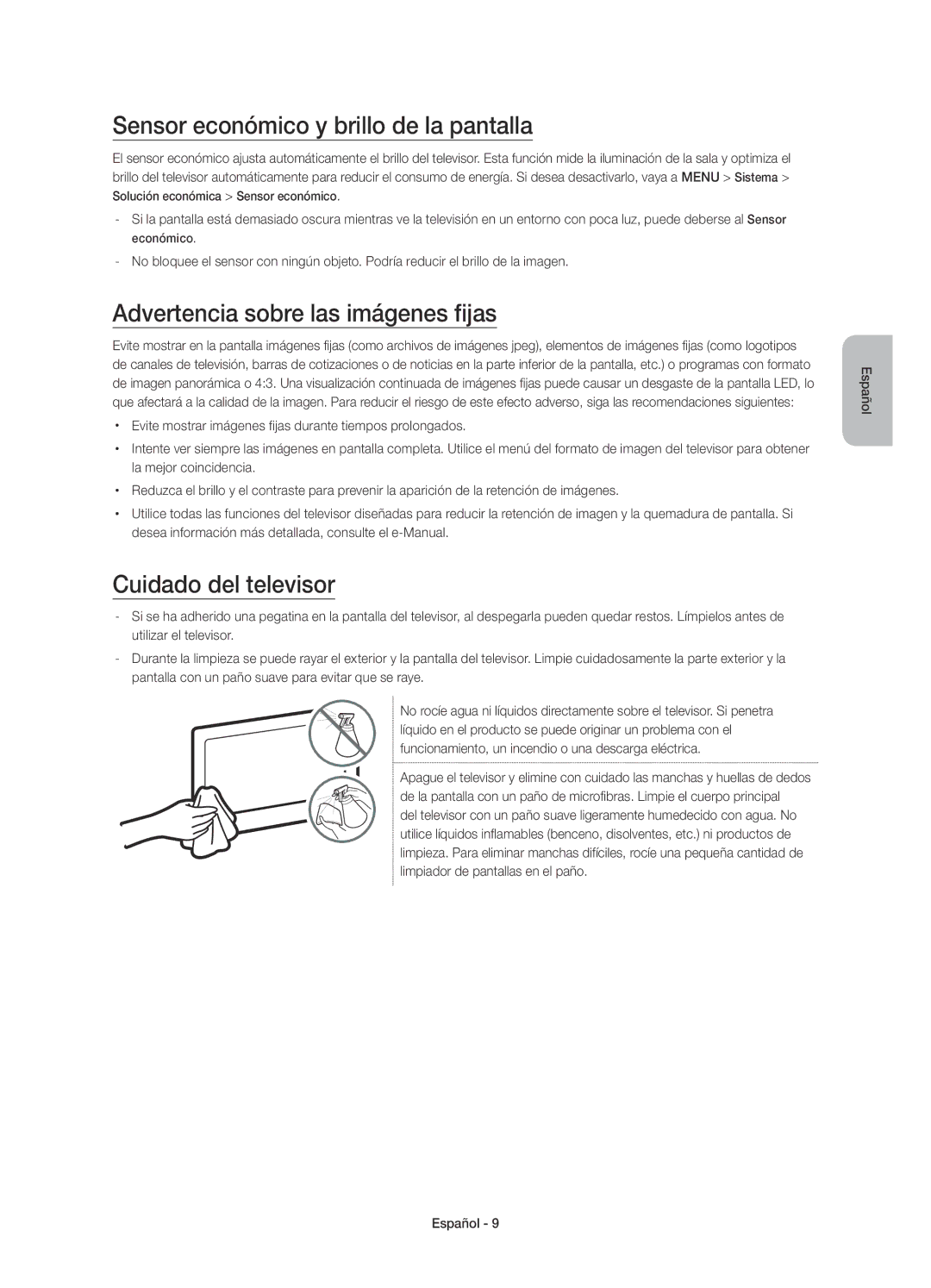 Samsung UE40JU6500KXZT, UE48JU6510UXZF manual Sensor económico y brillo de la pantalla, Advertencia sobre las imágenes fijas 