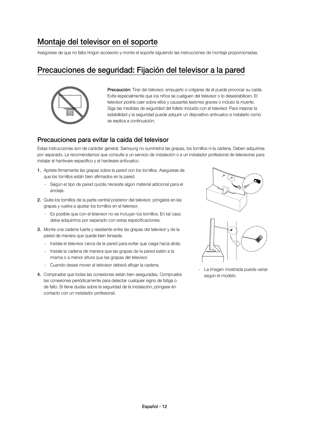 Samsung UE48JU6510UXXC Montaje del televisor en el soporte, Precauciones de seguridad Fijación del televisor a la pared 