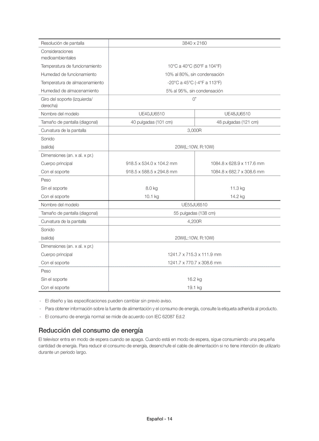 Samsung UE65JU6500KXXC, UE48JU6510UXZF, UE55JU6500KXZF, UE55JU6510UXZF, UE40JU6500KXZF manual Reducción del consumo de energía 