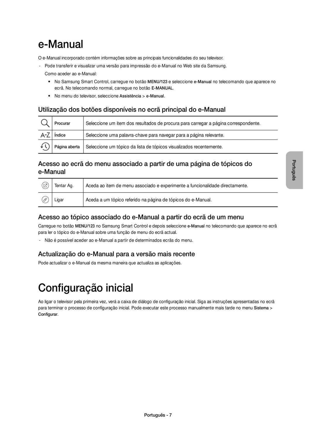 Samsung UE48JU6500KXXU, UE48JU6510UXZF manual Configuração inicial, Actualização do e-Manual para a versão mais recente 