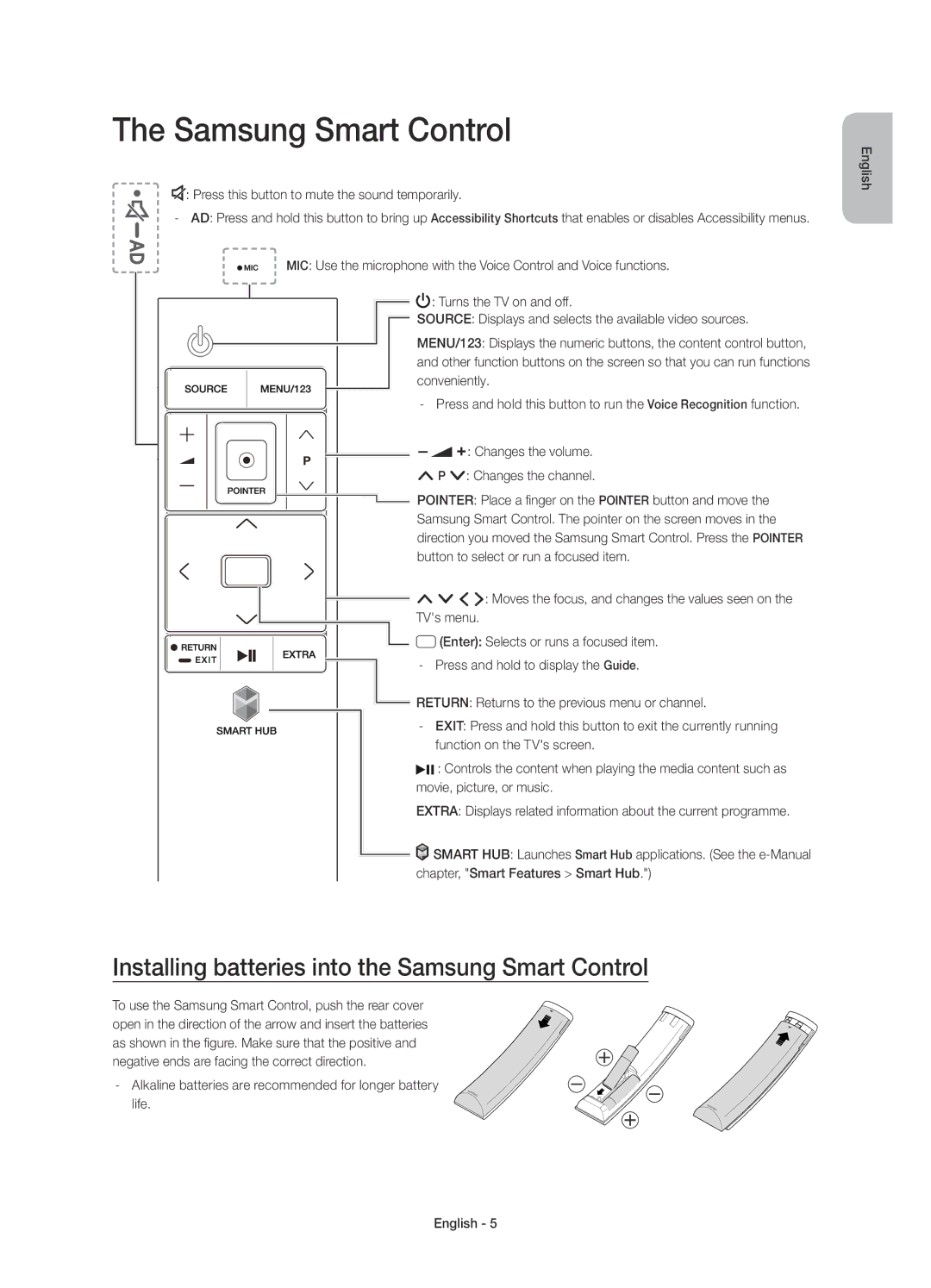 Samsung UE55JU6510UXZT, UE48JU6510UXZF, UE55JU6500KXZF manual Installing batteries into the Samsung Smart Control 