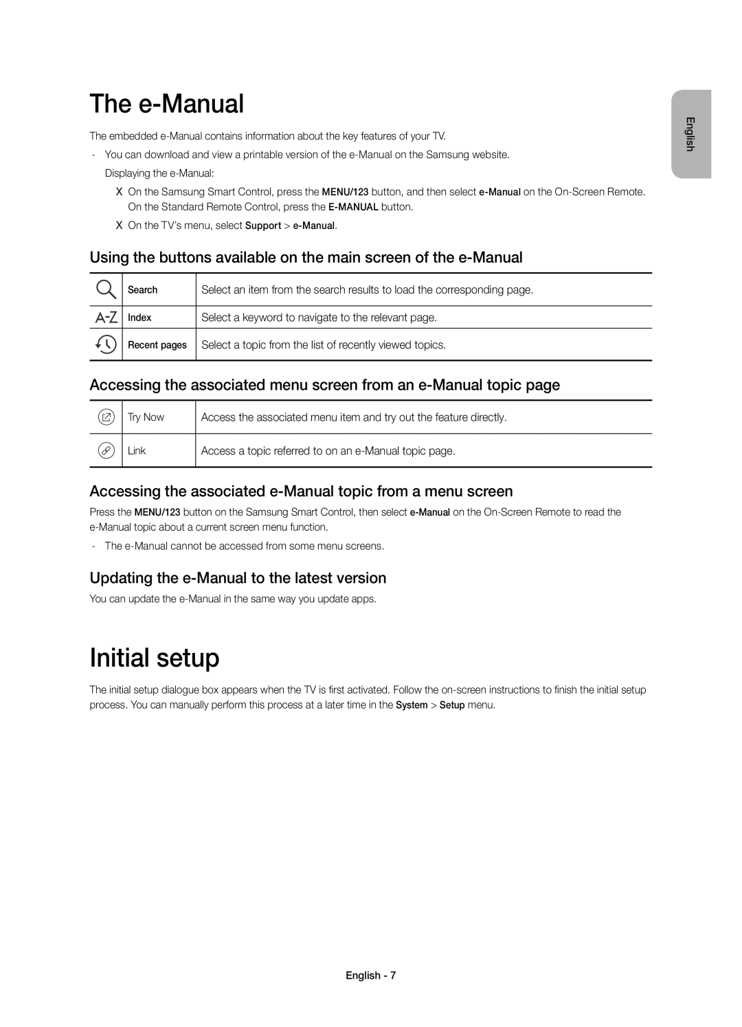 Samsung UE65JU6500KXZT manual E-Manual, Initial setup, Accessing the associated menu screen from an e-Manual topic 