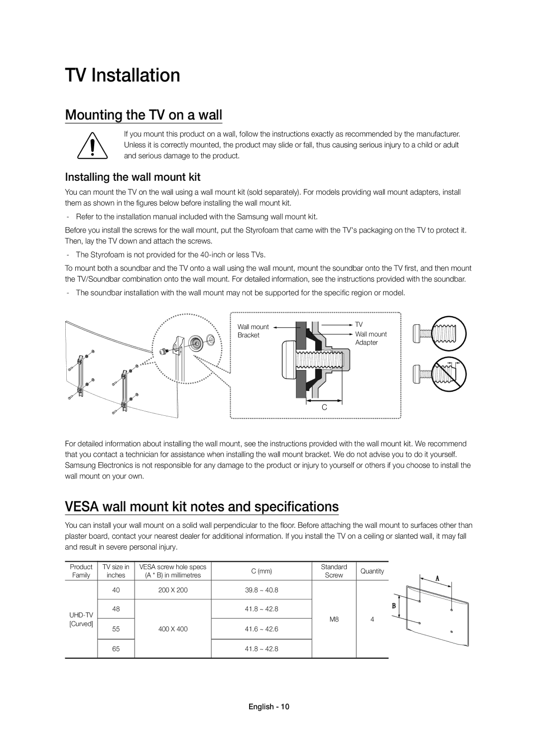 Samsung UE40JU6742UXXH manual TV Installation, Mounting the TV on a wall, Vesa wall mount kit notes and specifications 